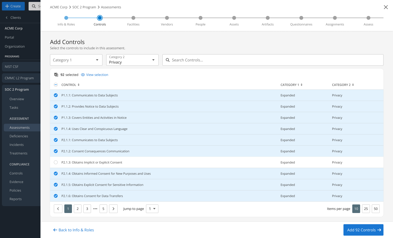 Batch selecting controls to include in an assessment.