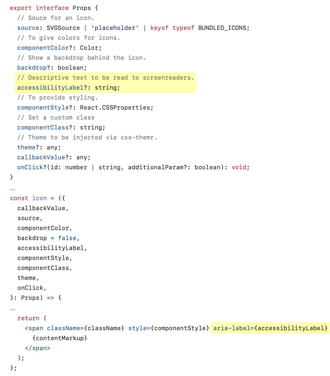 Code snippet highlighting component accessibility