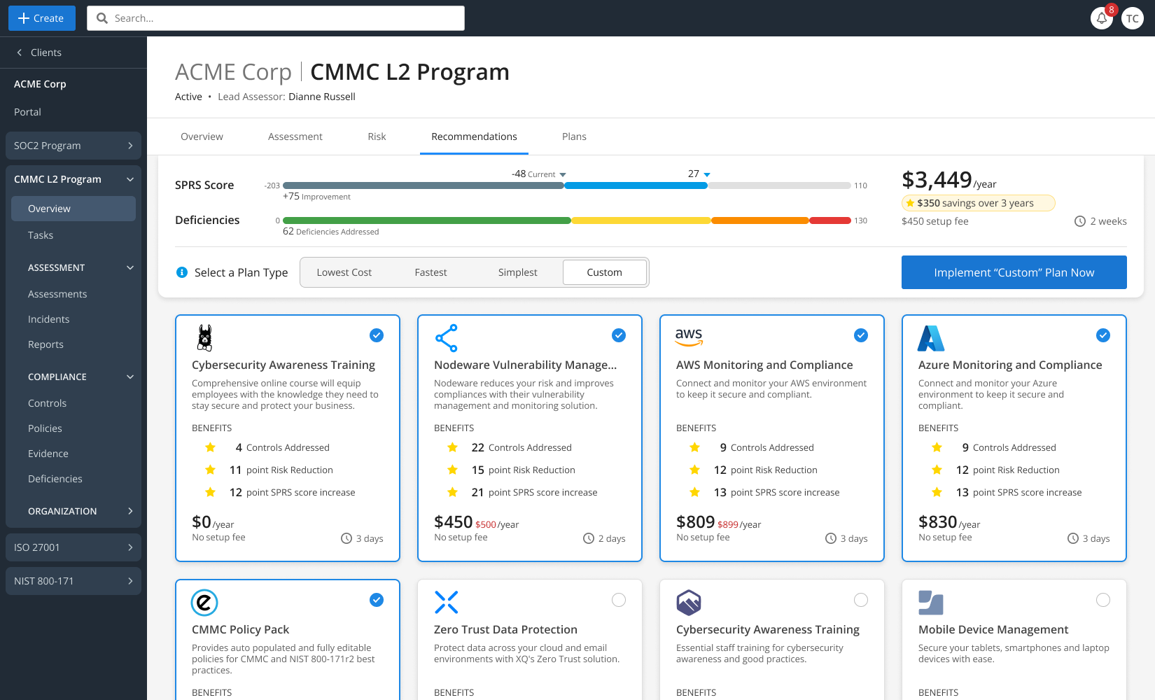Emgage App Platform - Cybersecurity Services Suite - Recommendations screen